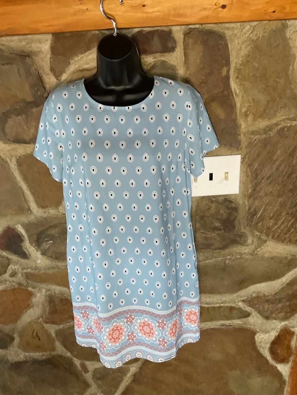 Lulus Sky Blue Midi Dress with Navy Paisley Detail Floral Border